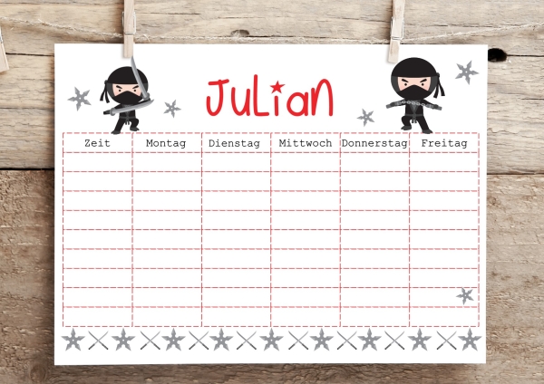 zuckersüßer Stundenplan, Ninja, personalisiert mit Deinem Wunschnamen, Print A4 Einschulung Klassenwechsel  von Lüttentüddel®